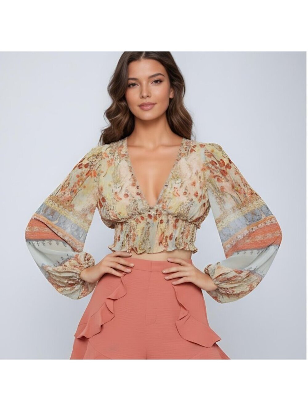 Lantern Sleeve Frilled Shirred Panel Floral & Paisley Print Top